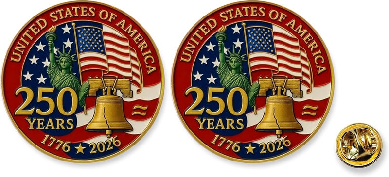 ZENRUIMING 2 Pcs America 250th Birthday Enamel Pins,250 years Anniversary Metal Gold Plated Lapel Pin, 1.4″ USA Patriot Collectible Accessories for Patriot's Day Independence Day - Image 1